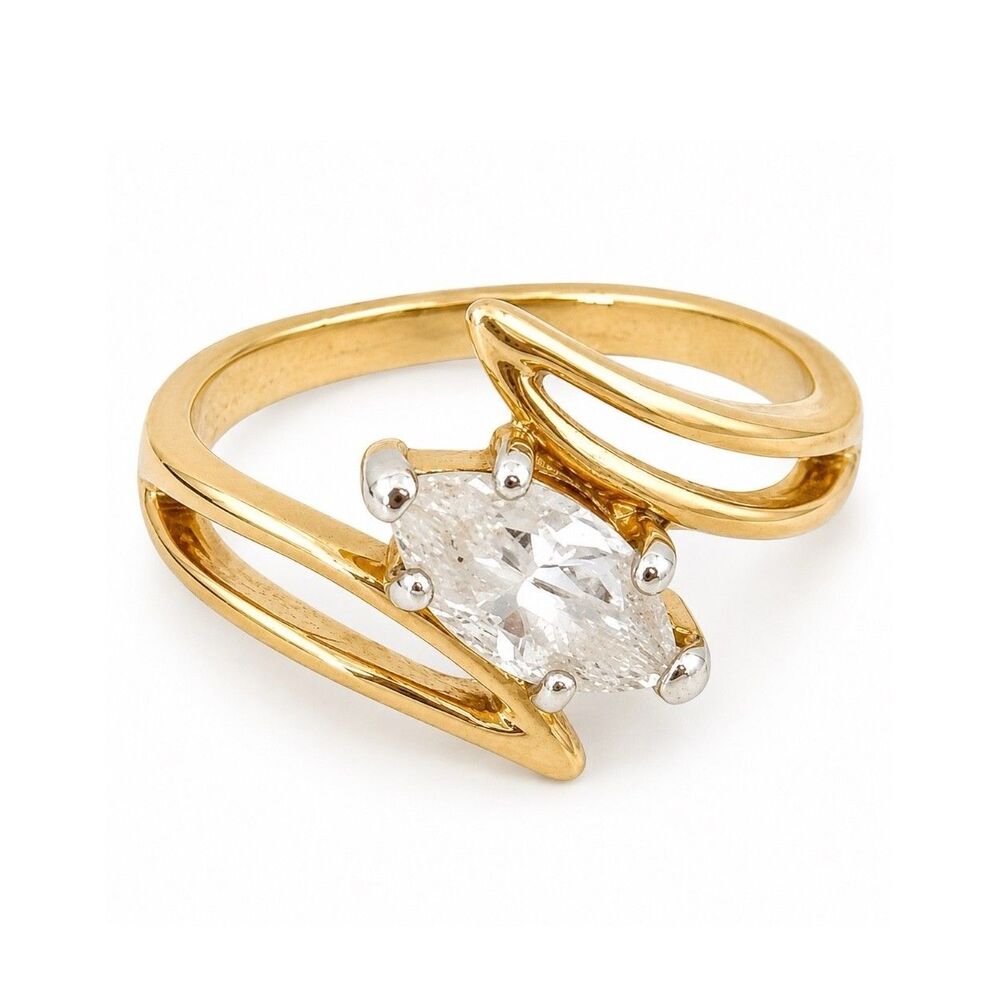 Vintage 1970s Ring Size 8 Uncas CZ Solitaire Bypass Gold Plated - 14R